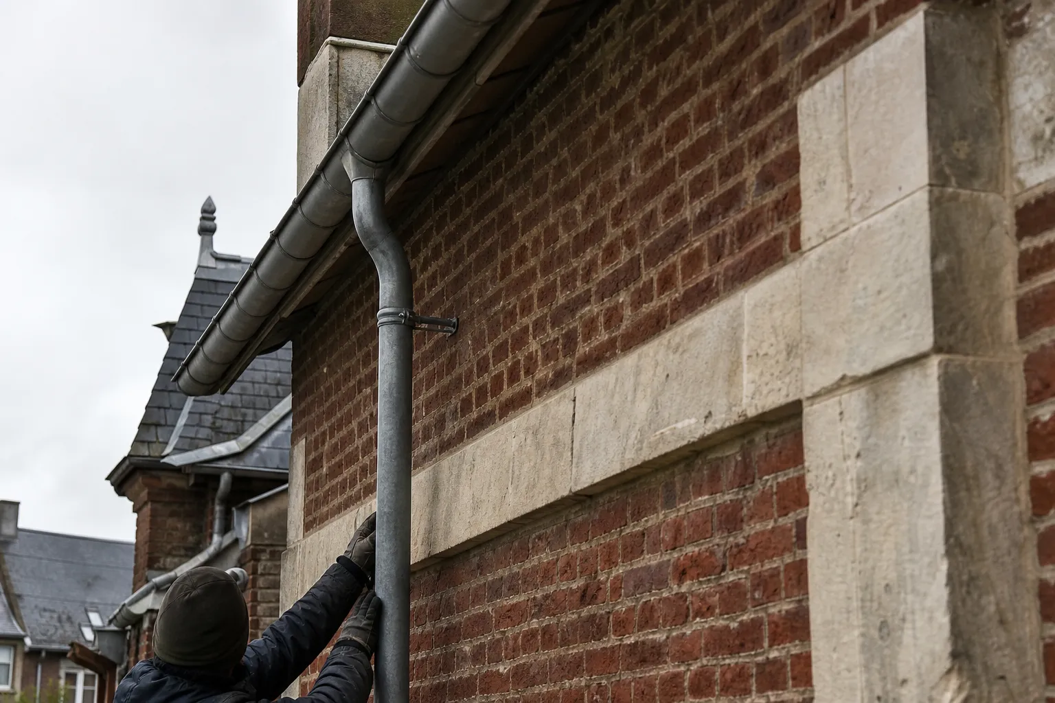 Descente d’eaux pluviales en zinc courant le long d’une façade de brique rouge, avec son coude de déport
